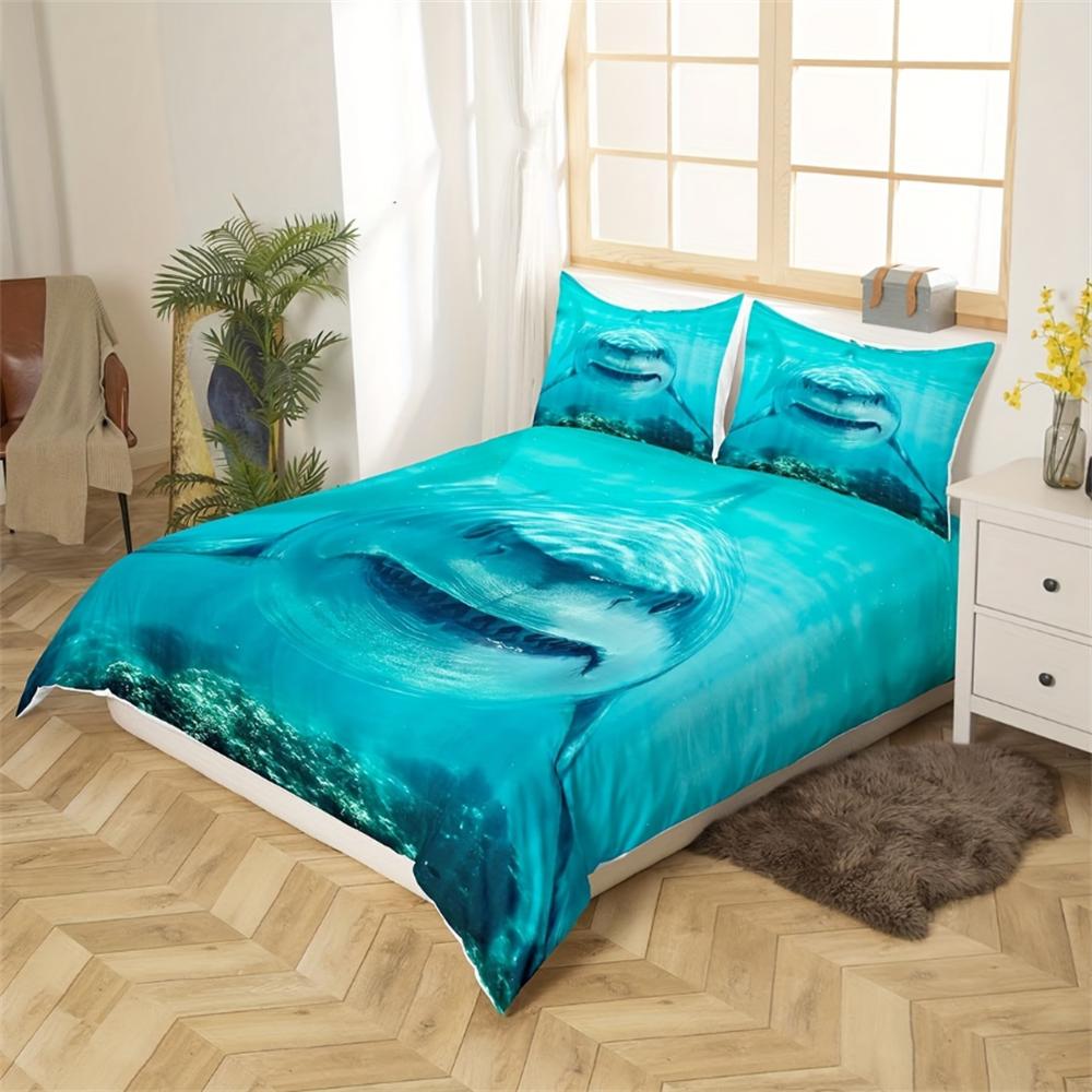 3pcs Vibrant 3D Shark Bedding Set - Soft, Ocean-Inspired Duvet Cover with Shark Fish Print, Breathable, Hypoallergenic, No Fille