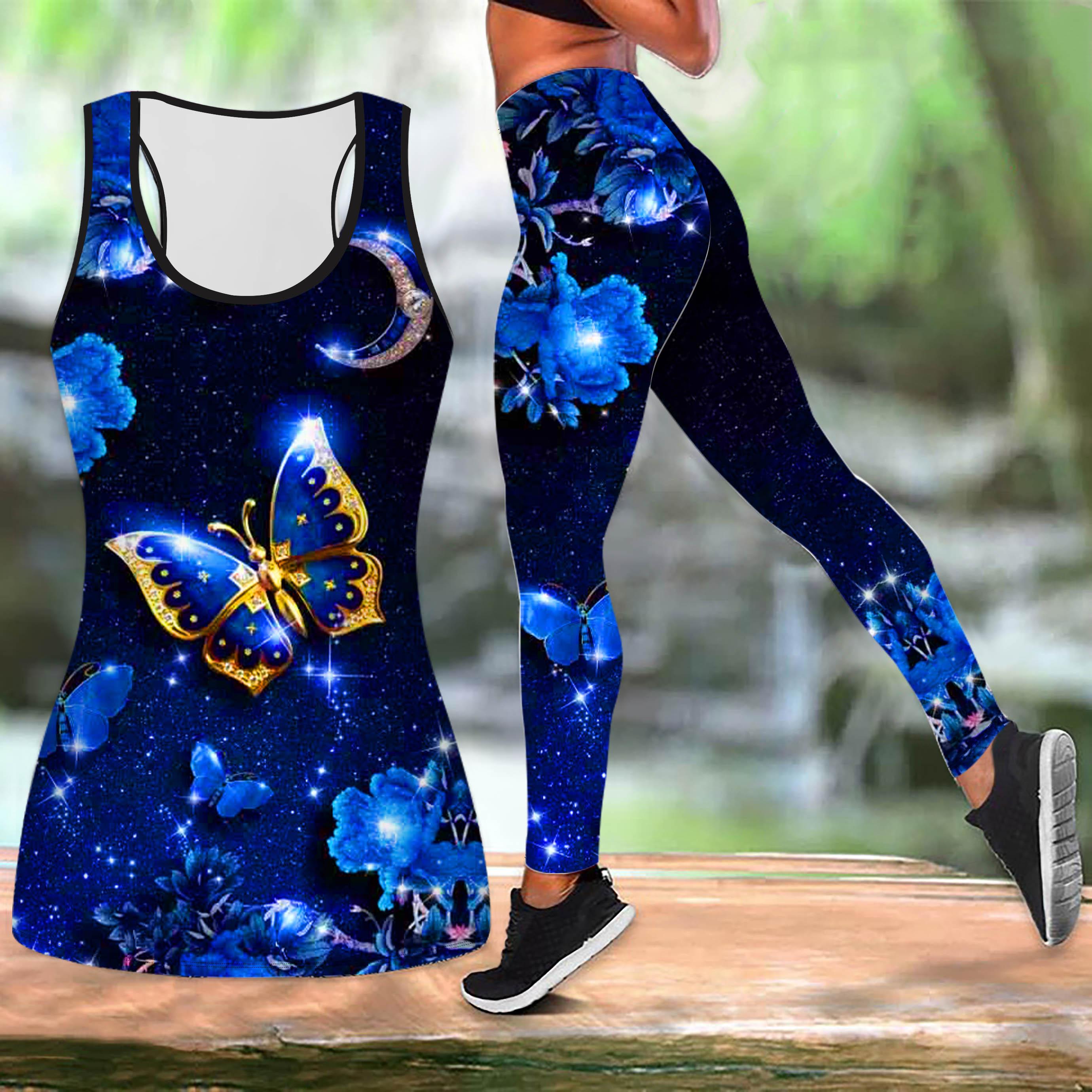 

Наряд для йоги с принтом бабочек в лунном свете для женщин, модные леггинсы для тренировок, фитнес, спортивный повседневный комплект для йоги, спортивный костюм 7XL темно-синий
