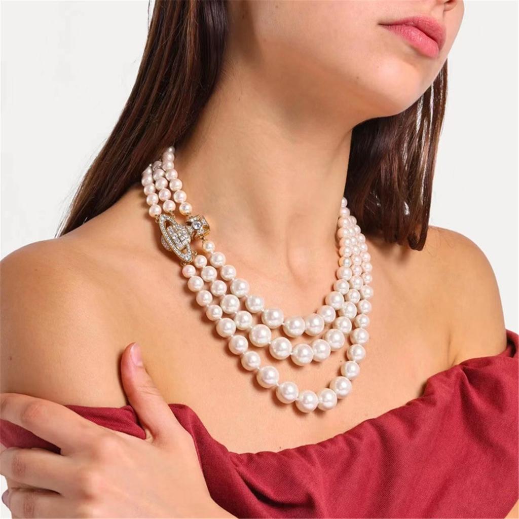 Tooxika Triple Gradient Pearl Magnetic Clasp Saturn Necklace Luxury Collar Chain For Women