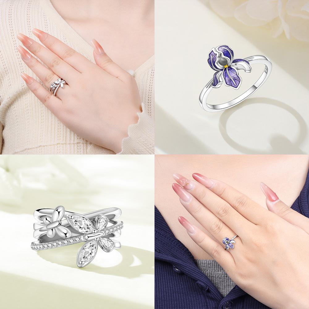 Blue Zircon Butterfly Ring Authentic Copper Purple Iris Flower Womans Ring Anniversary Fine Gift Women Jewellery Accessory