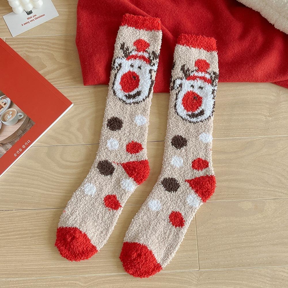 Snowflake Elk XmasTree Christmas Stocking Coral Fleece Thicken Floor Socks Fluffy Socks  For Women