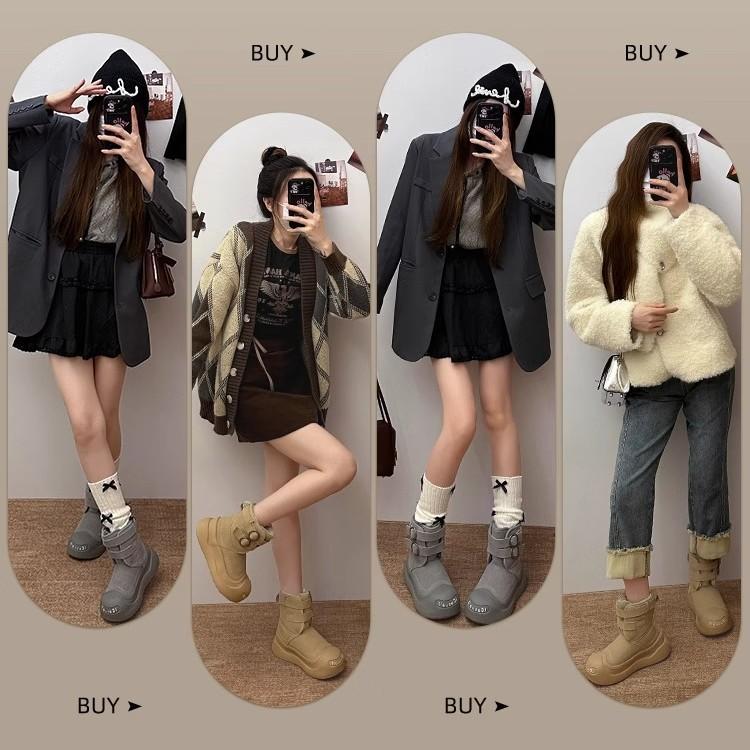 Leather platform snow boots women's new 2025 winter big-headed cotton boots piled and thickened warm snow cotton shoes