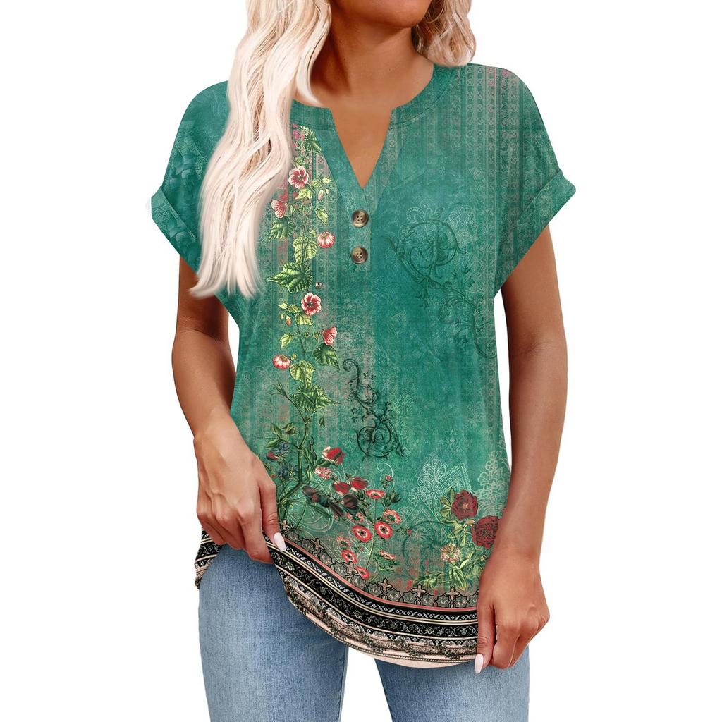 Women's Fashionable Casual Short-sleeved V-neck Button Printed Pullover Top