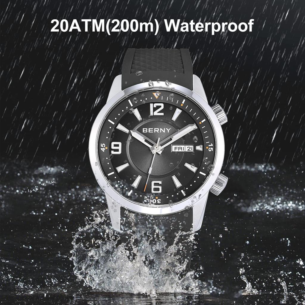 BERNY Watch Watch Dive Watch Automatic Mechanical Watch with Crown 200m Water Resistant HV600 Hardness Sapphire Glass Silicone Band Super Luminous