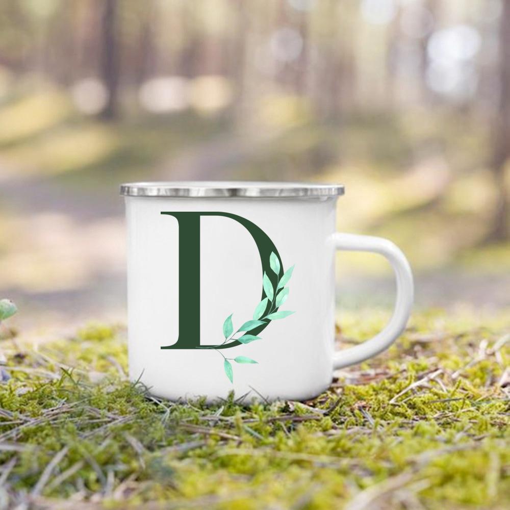 Emaille-Tasse mit Henkel, Aquarell, grünes Blatt mit Alphabet, Tasse, personalisierte Geschenke, Kaffee-Reisebecher, Bierbecher für Kaffee- und Teetassen