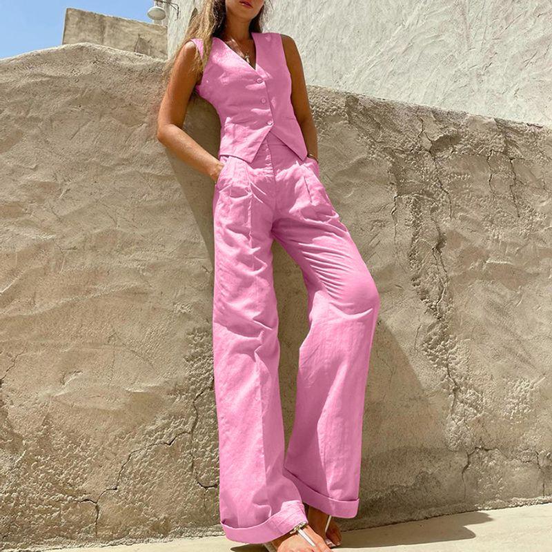 

European and American Holiday Style Cotton Pink Vest Two-piece Set V-neck Slim fit Waist Hugging Set American Street Cotton and Linen Pink L [recommend 60.00 kg-65.00 kg]]