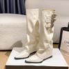 Bout pointu talon talon rehaussé fermeture éclair latérale bottes pantalon boucle de ceinture mais bottes au genou automne