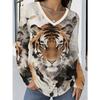 V-neck Long-sleeved T-shirt with Ink-style Smudged Branches and Leaves, Domineering Tiger Portrait All-over Printing Design