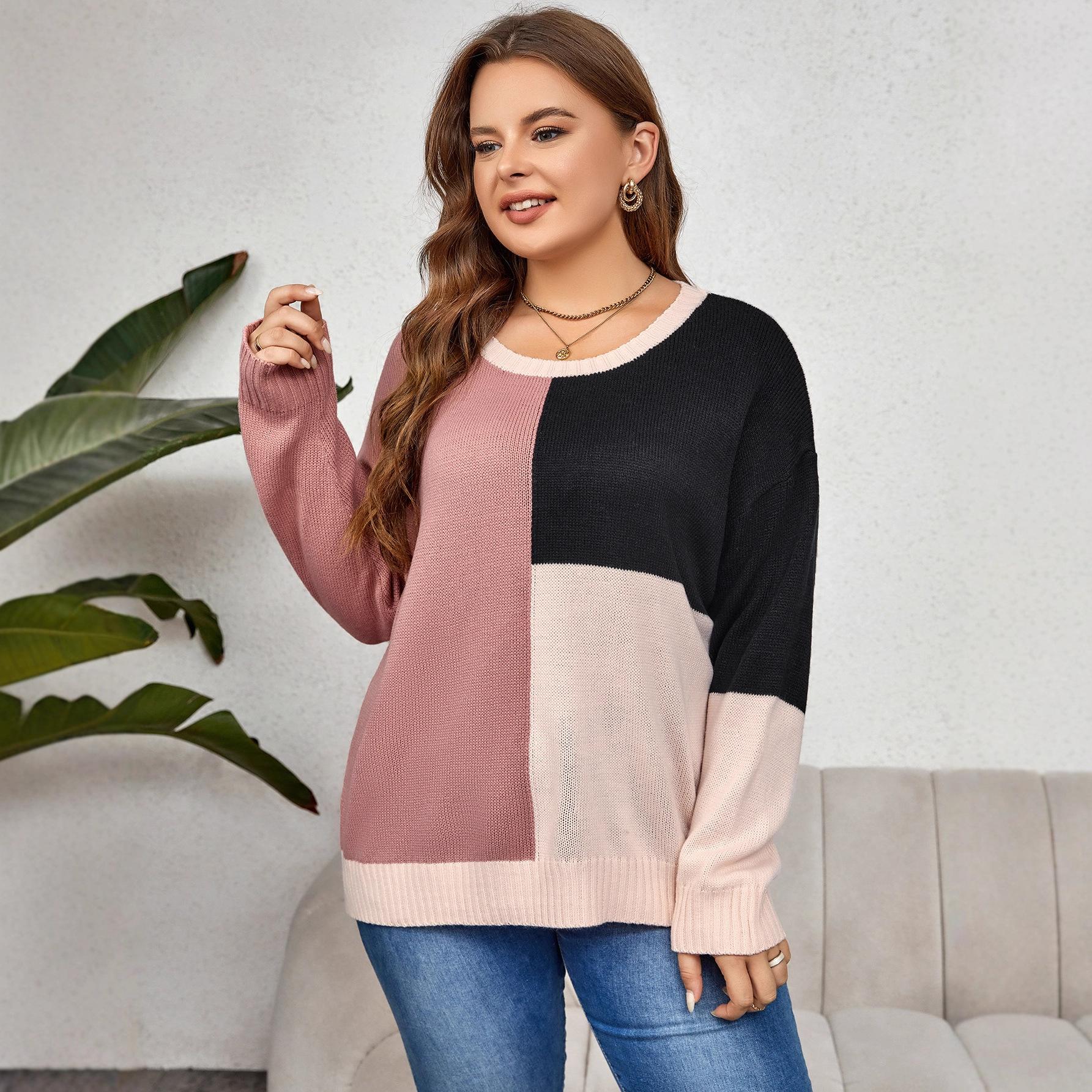 

Новый осенне-зимний толстый пуловер с круглым вырезом и квадратным цветовым контрастом 3XL розовый