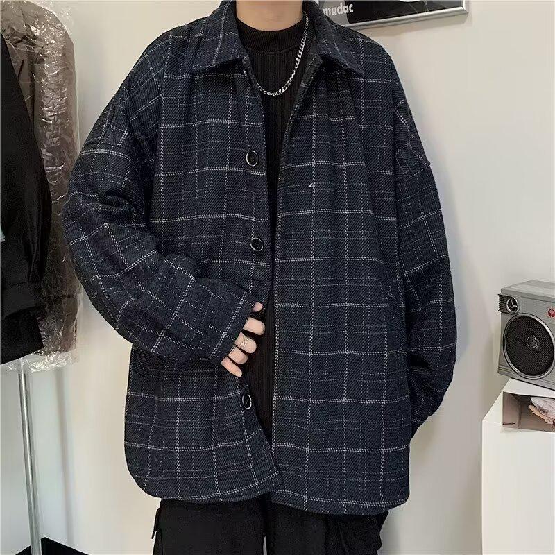 Men's Winter Retro Plaid Wool Jacket - Korean Style Trendy Loose Lapel Shirt Jacket