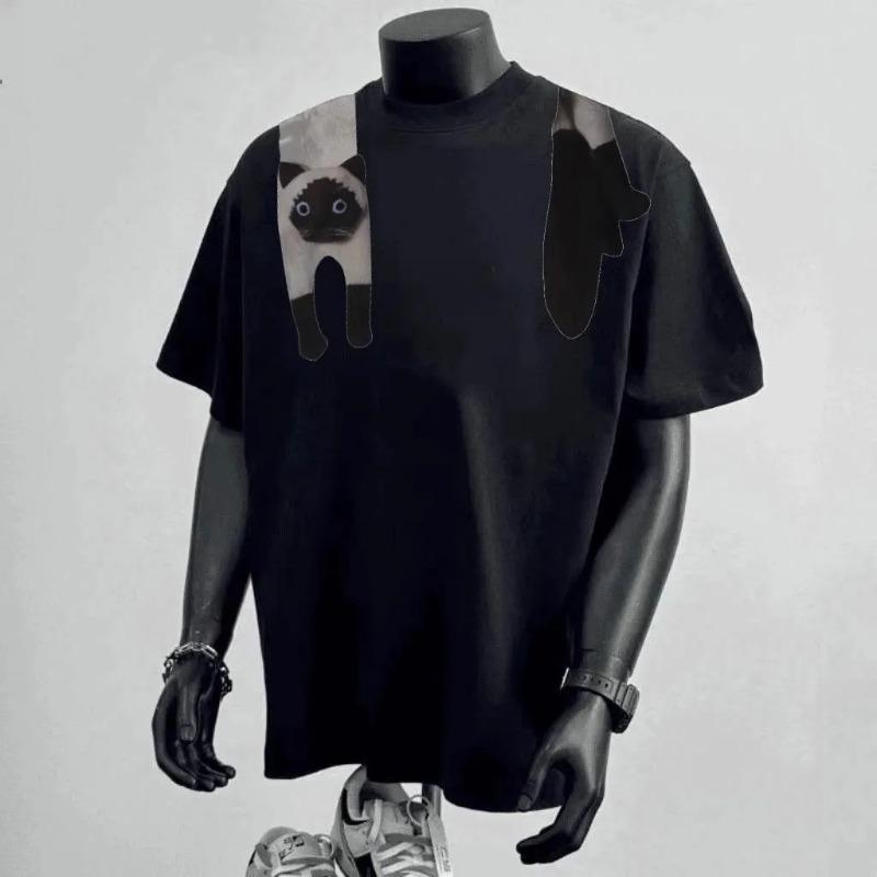 Men Funny Hanging Siamese Cat Graphic Crew Neck Loose Short Sleeve T-shirt