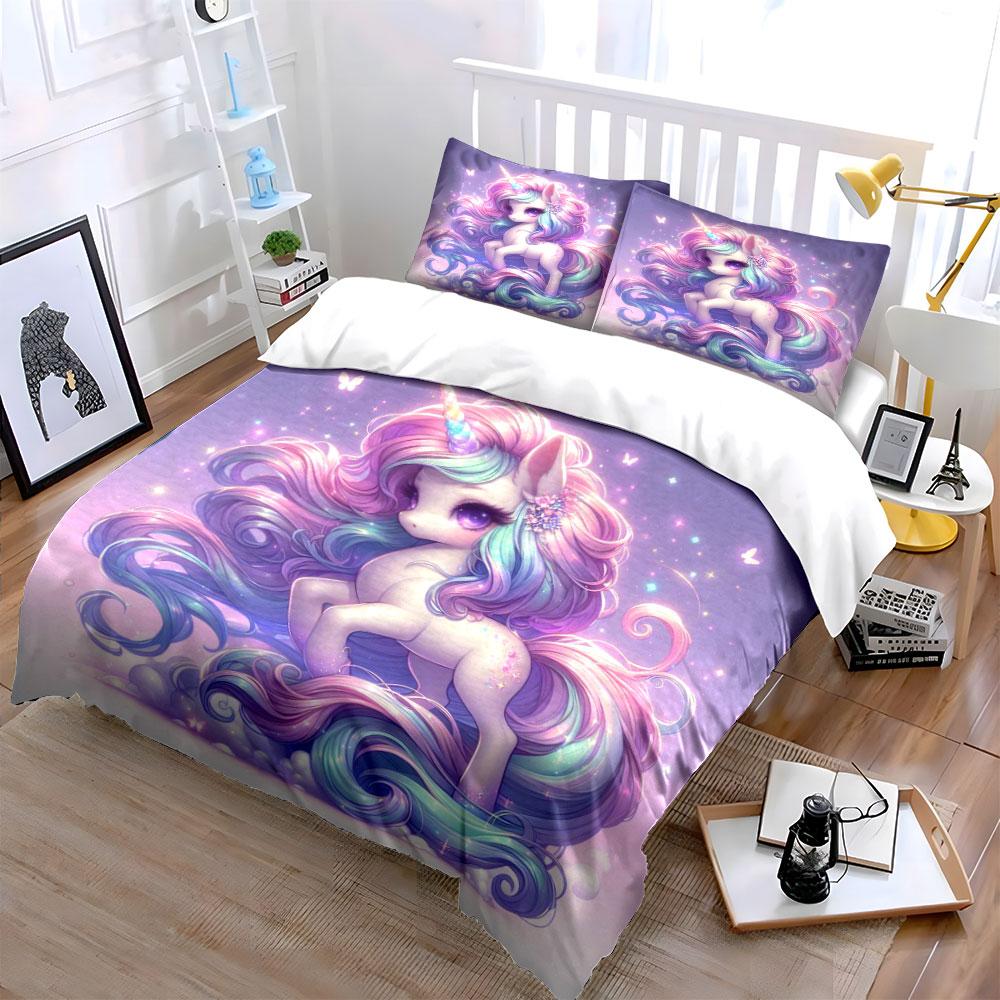 Magical Rainbow Unicorn With Butterflies Duvet Cover Set With 3D Printing Design Soft Polyester Bedding Set All-Season Comfort