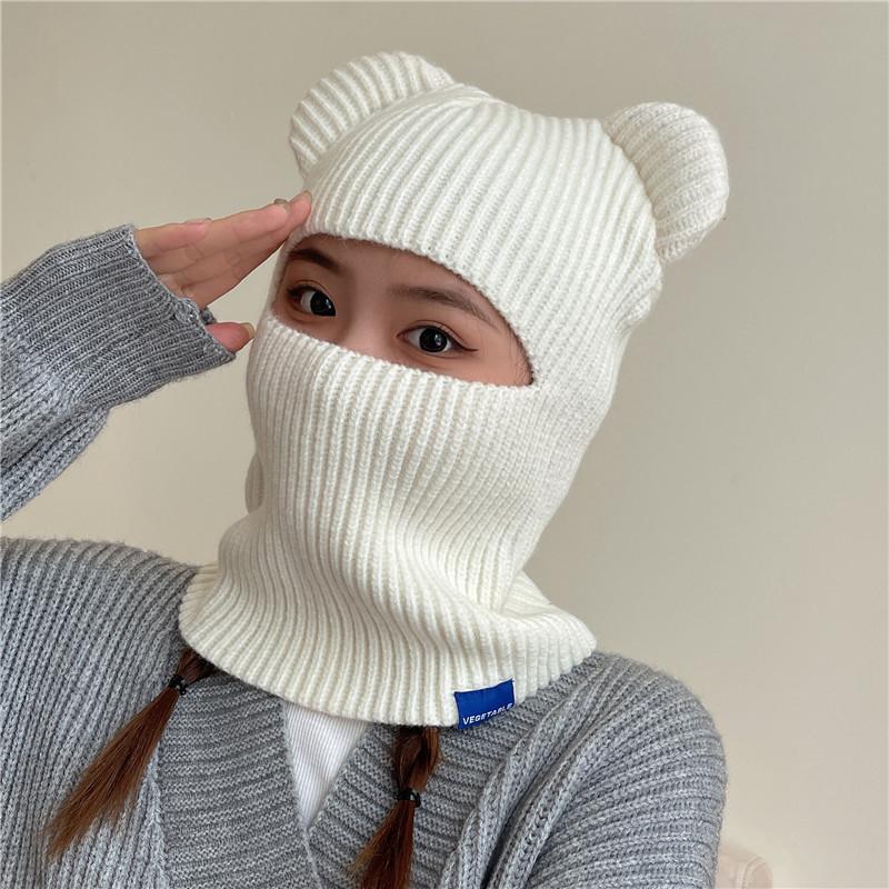Cappello Pullover di Lana Autunno e Inverno Bambini Orecchie d'Orso Cappello Termico a Maglia Copricapo Antivento per Equitazione all'Aperto Sciarpa Integrata