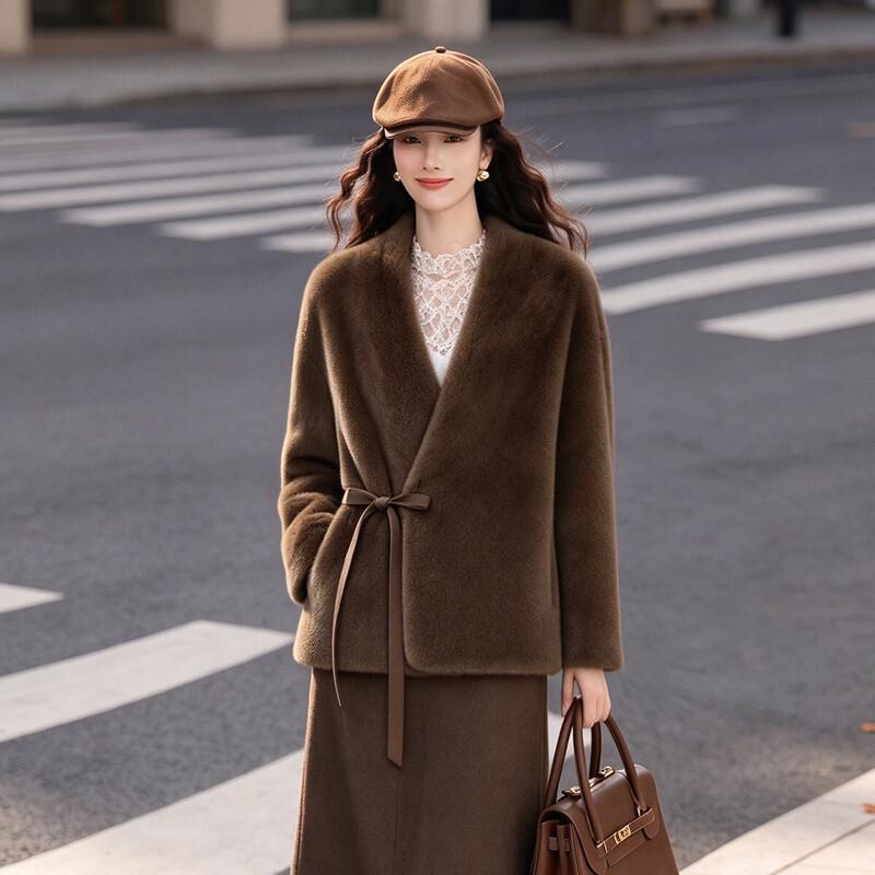 Bailuy V-Neck Faux Fur Tie-Waist Coat