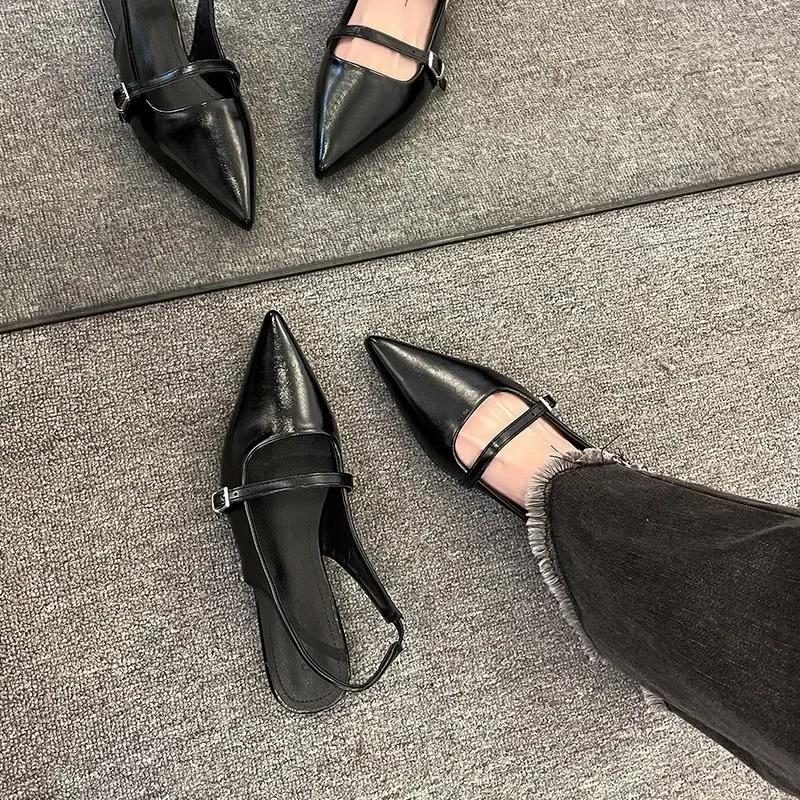 Fashion Sandals for Women 2025 New French High-end Pointed Toe Low-heeled Single Shoes Slip-on Temperament Baotou Flat Shoes for Women's