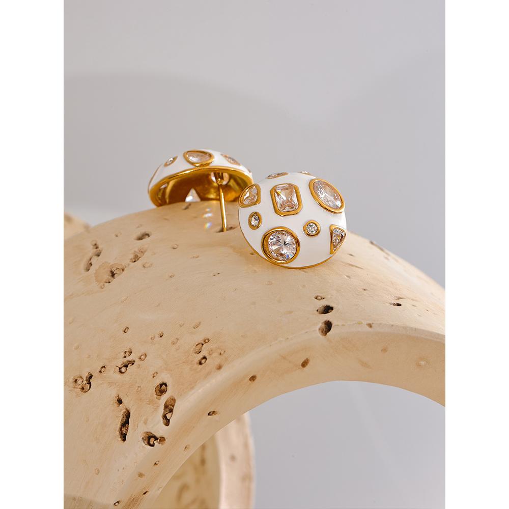 Eetit Ohrstecker aus Edelstahl mit weißem Emaille und eingelegtem Zirkonia-Anhänger für Damen, modischer, wasserdichter Schmuck