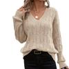 Womens Winter V-Neck Knit Sweater Loose Fit Cable Ribbed Solid Color Casual Chic Top