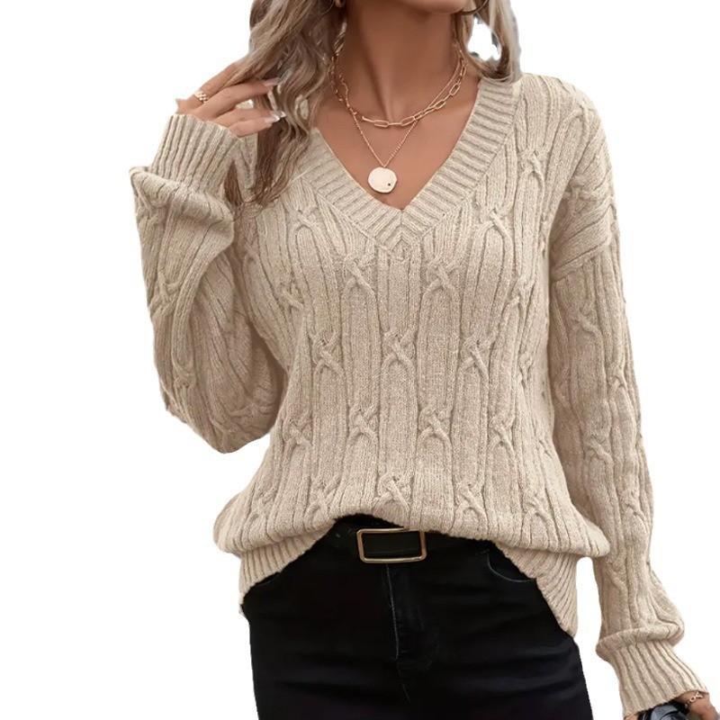 Womens Winter V-Neck Knit Sweater Loose Fit Cable Ribbed Solid Color Casual Chic Top