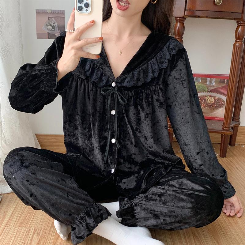 

Весна-Осень Милый бархатный пижамный комплект с длинным рукавом, рубашка и брюки, двухкомпонентная домашняя одежда, свободная повседневная ночная одежда для женщин, домашняя одежда 2XL