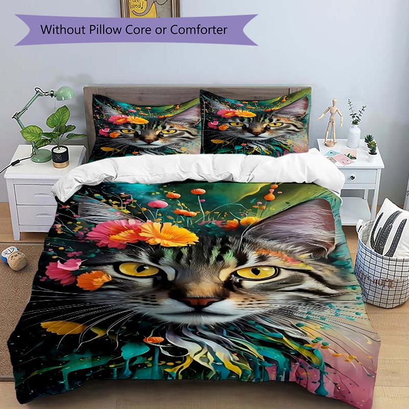 3pcs Floral Cat Artwork Duvet Cover Set -Includes 1 Duvet Cover and 2 Pillowcases, No Quilt Core, All-Season Home Decor Yy251111182