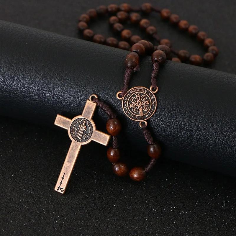 Christ Jesus Wooden Beads Rosary Cross Car Pendant Braided Rope Chain Necklace Religious Orthodox Prayer Jewelry
