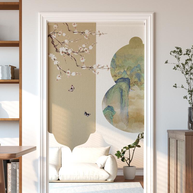 Chinese Style Imitation Linen Door Curtain Retro Art Painting Doorway Living Room Partition Drape Kitchen Hanging Half-Curtain