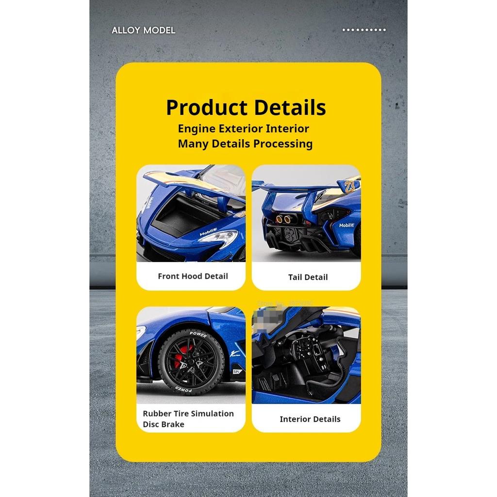 1/22 McLaren P1-GTR Model de mașină de jucărie din aliaj turnat sub presiune cu sunet și lumină Roată din spate Funcție de tragere în spate Modele de vehicule Cadouri de ziua copiilor