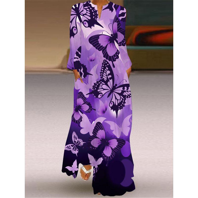 Purple Butterfly Pattern 3D Print V-neck Long-Sleeve Dress Stage Show Women's Travel Holiday Style Beach Dress