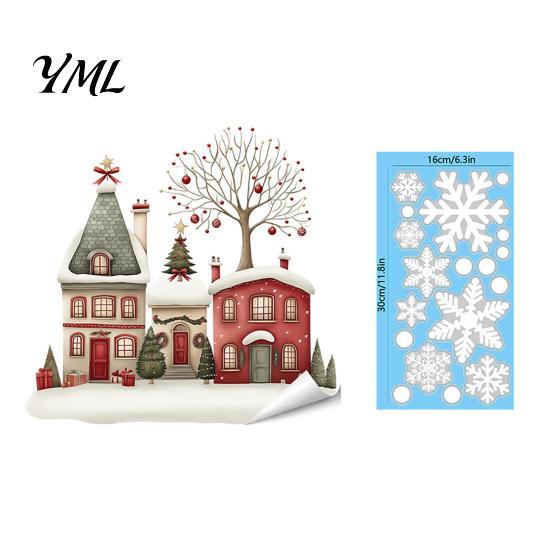 Holiday Decoration Decals Christmas Static Window Clings, Snowy Town House Snowflake Glass Decals, Reusable Seasonal Party Supplies Xmas Stickers,