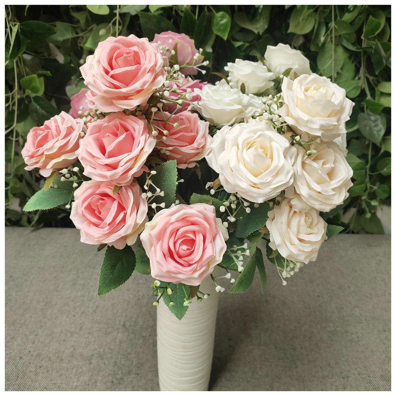 Home Decor Artificial Rose Flower Bouquet With Realistic Petals For Wedding And Photography Props