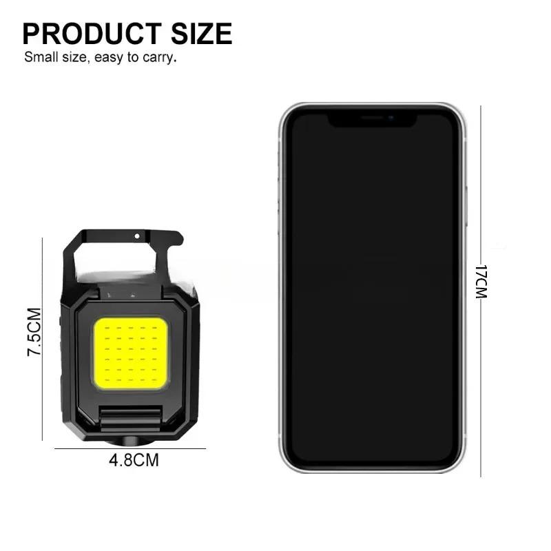 Small LED Flashlight Keychain Light USB Rechargeable Torch Work Light Multifunctional Portable COB 90 ° Rotation Camping Lantern
