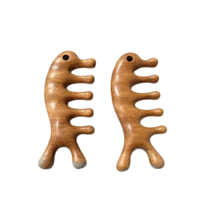 Sandalwood Seahorse & Dolphin Five-Tooth Comb with Five-Ball Massager and Coarse-Tooth Ball-Head for Meridian Massage