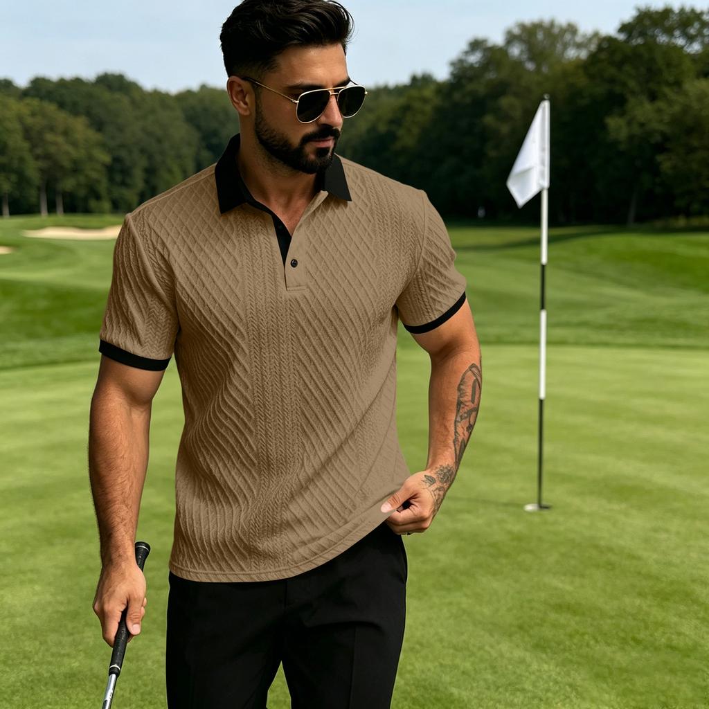 Men's Casual Loose Fit Jacquard Short Sleeve Polo Shirt with Button Collar and Textured Knit Pattern for Everyday Wear