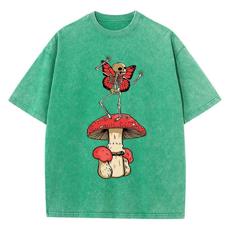 

Dancing Mushroom Skeleton Fairy Print Washed T-Shirt Women Summer Casual T Shirts Cotton Streetwear Loose Clothes S