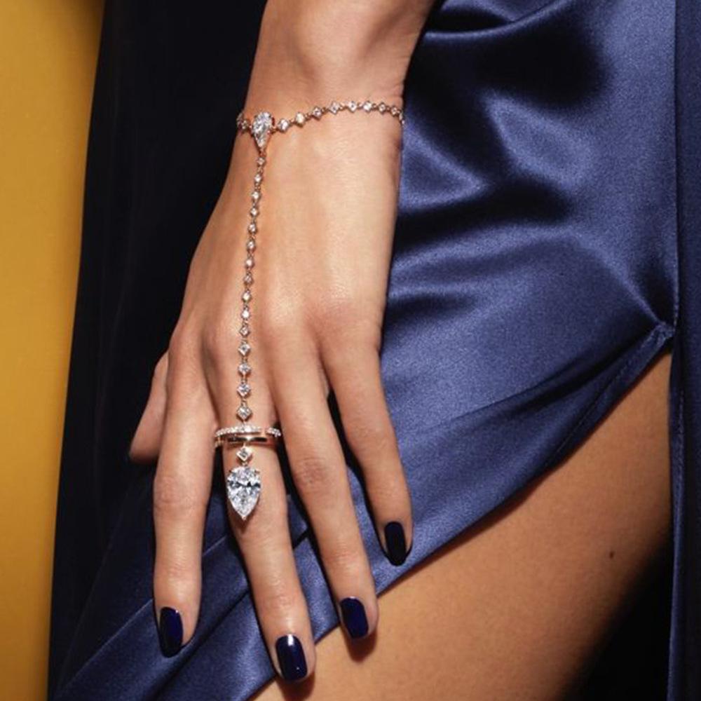

Geometric Rhinestone Finger Link Bracelet With Leaf Zircon Integrated Design Unique Fashion Jewelry Accessory For Women silver plated