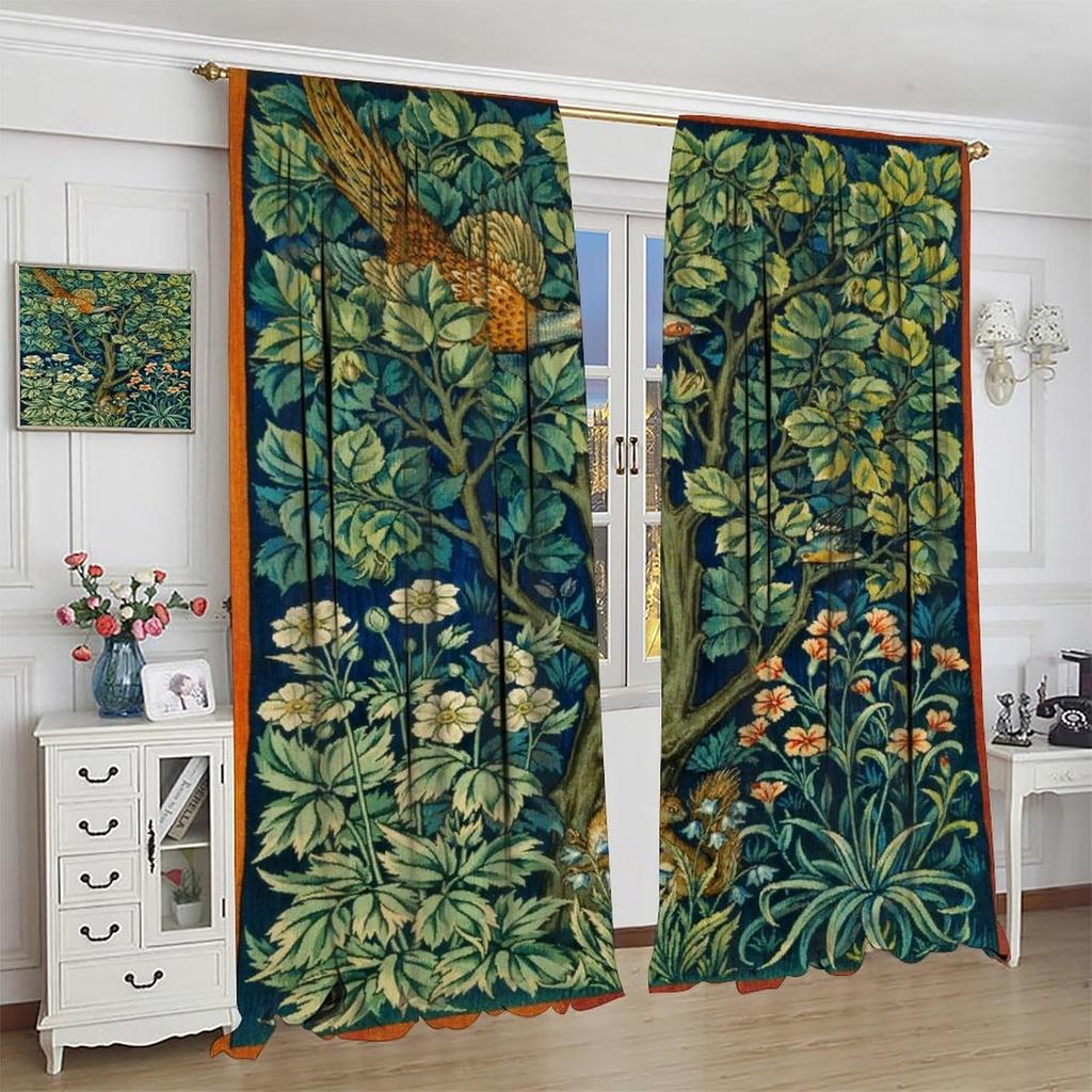 Blackout Vintage William Morris Flower Bird Curtains Retro Plants Red Floral Green Tree Print Window Drapes Bedro Curtain Bohemian Polyester Washable