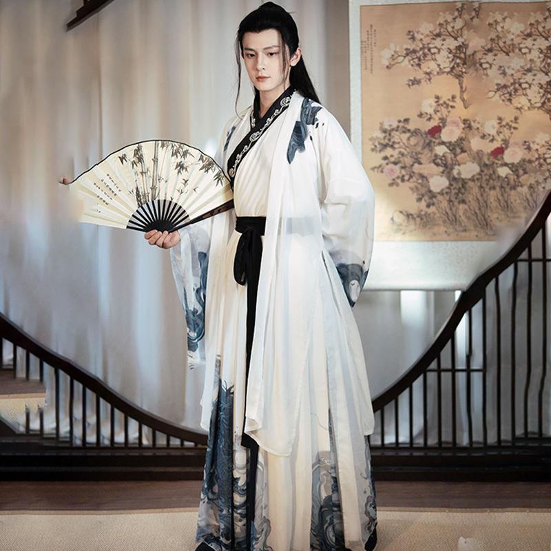 Costum de imprimare cu broderie cu cerneală pentru cupluri Hanfu în stil chinezesc Wei și Jin
