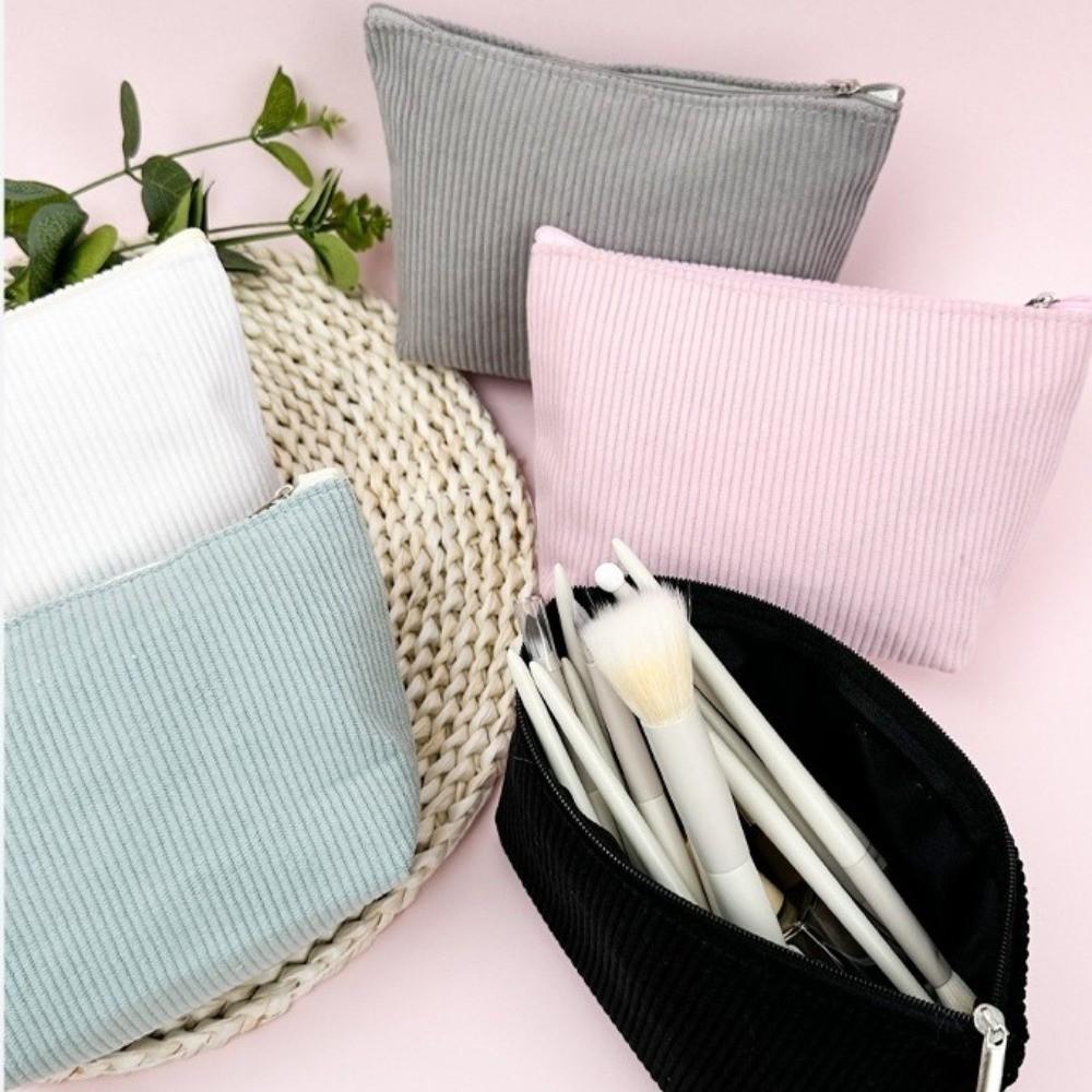 Durable Corduroy Cosmetic Organizer Pouch Portable Zipper Toiletry Bag Storage Bag Travel Use