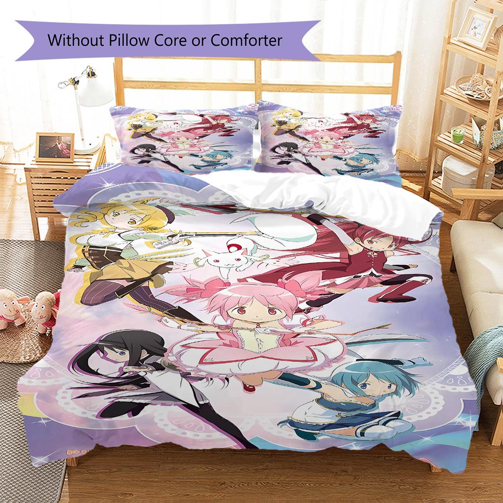 Puella Magi Madoka Magica Vzorované povlečení, Sada přikrývek Povlak na přikrývku Povlak na polštář Domácí dárek k narozeninám (1 * povlak na peřinu + 2 * povlak na polštář, bez jádra)
