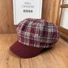 Retro literary and artistic plaid woolen splicing octagonal hat women's fashion versatile temperament newsboy hat showing face little painter hat