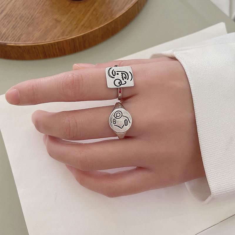 Retro Picasso Human Face Ring For Women 925 Silver Adjustable Open Ring Gothic Jewelry Trendy Unisex Accessories Gift