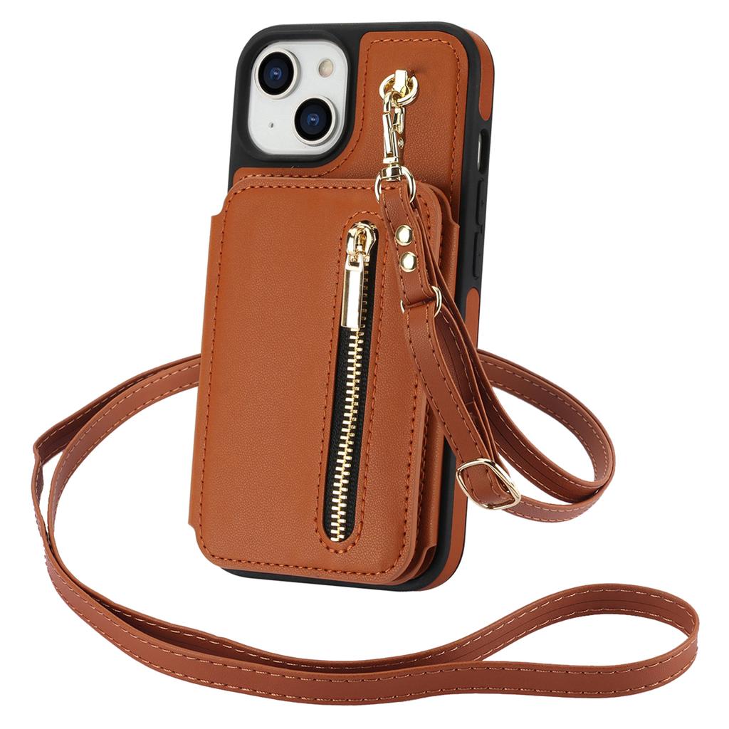 For iPhone 13 Case Zipper Pocket Kickstand Leather+TPU Phone Cover with 2 Straps