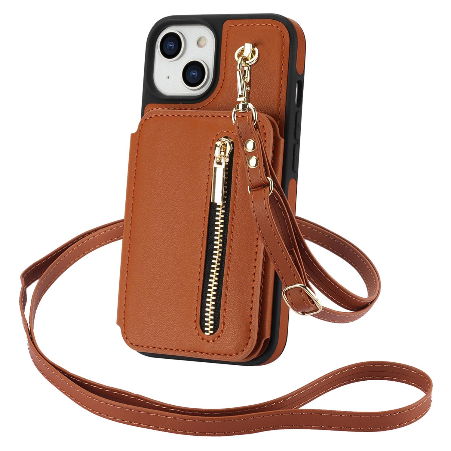 

For iPhone 15 Case Zipper Leather+TPU Kickstand Phone Cover with Shoulder Strap Brown