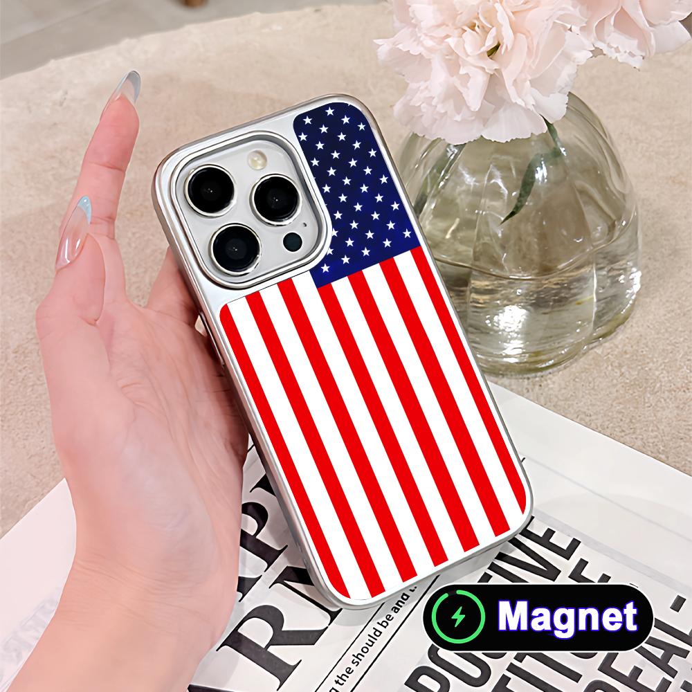 USA America Flag Silver Plating Magsafe Mobile Phone Case for iPhone 17 16 15 14 13 12 11 Air Pro Max Plus Colorful Cover