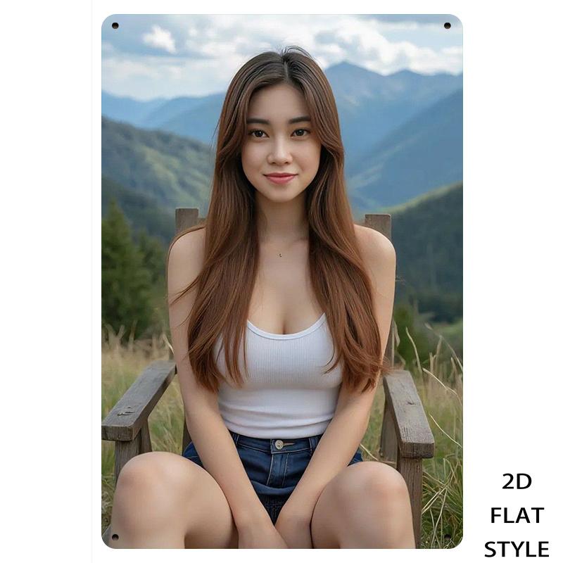 

Vintage East Asian Beauty with Long Straight Brown Hair in White Ribbed Tank Top Denim Shorts Sitting on Wooden Chair at Mount 20x30cm（7.8x11.8inch）