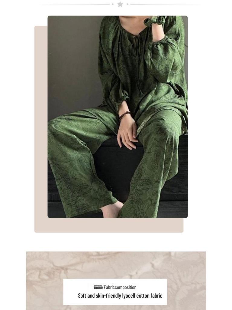 2025 Women's Lyocell-Cotton Pajama Set: Round Neck, Long Sleeve, Thin Pants, Simple Print
