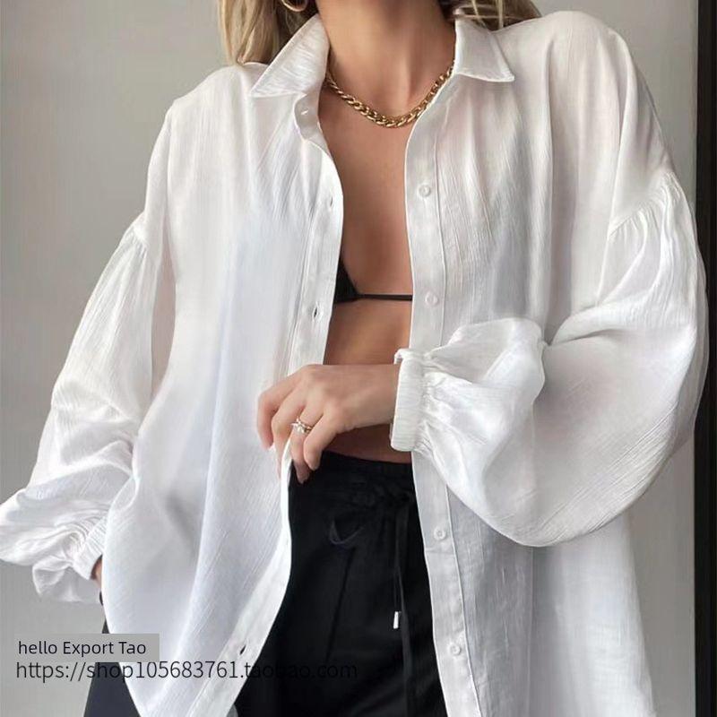 Fashion Style Lantern Sleeve Transparent Shirt French Casual Outdoor Sun Protection Clothing Lantern Sleeve Shirt