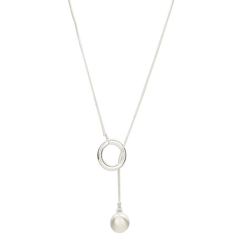 Minimalist Silver Brushed Round Ball Long Necklace Versatile Womens Sweater Accessory