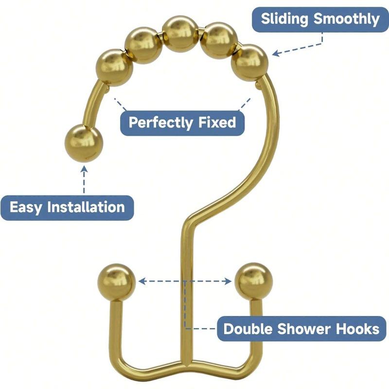 Gold Color Shower Curtain Hooks With Sliding Rolling Balls For Durability, Waterproof And Rustproof, Decorative Bath Curtain Double Hooks