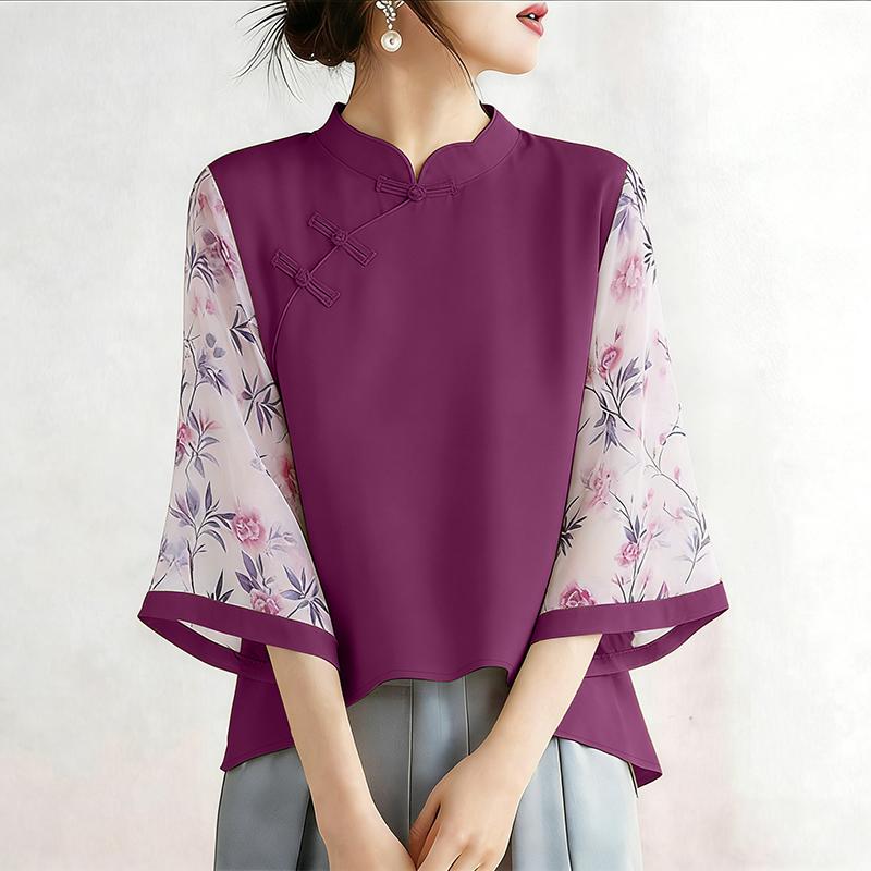

ZANZEA Women Casual Print Sheer Splice 3/4 Sleeve Stand Collar Blouse M фиолетовый